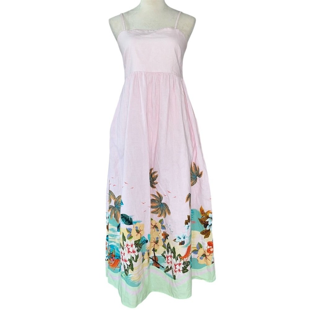 Le Ragazze Linen Blend Maxi Dress Sundress Pink Palm Tree Beach Print Size L - Picture 2 of 14